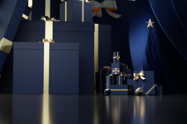 3d渲染场景在圣诞概念与礼品装饰-蓝色图片下载