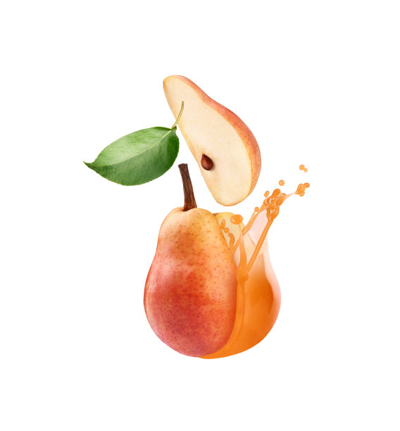 美丽的梨在白色的背景下与果汁飞行图片下载
