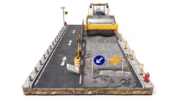道路工程概念，压路机地面的正面，路标，路障和锥，沥青铺设过程，白色背景隔离，3d插图图片下载