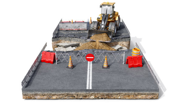 道路工程的概念，前方的一片地面上，道路在中间断裂，挖掘机用地面填满裂缝，障碍物被不同的道路屏障、锥和标志包围，白色背景隔离，3d插图图片下载