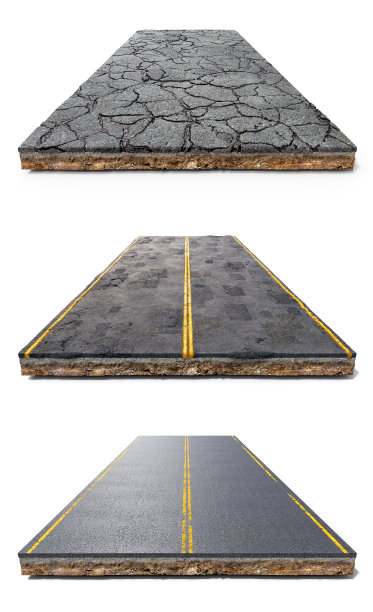 一套三种类型的道路在一块土地上，前视图的旧裂缝和肮脏的道路，修复的道路与部分修补洞和新的光滑的道路，隔离在白色背景，3d插图图片下载