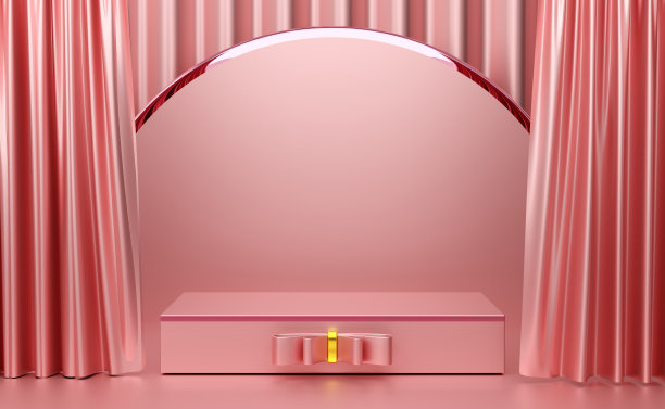 讲台空的几何形状和窗帘的粉红色粉彩组成的现代舞台展示和极简主义的模型，抽象的橱窗背景，概念3d插图或3d渲染图片下载