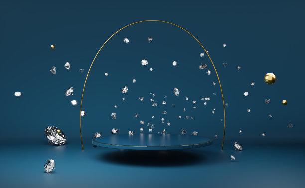 讲台空的钻石和蓝色几何形状组成的现代舞台展示和极简主义的模型，抽象的橱窗背景，概念3d插图或3d渲染图片下载