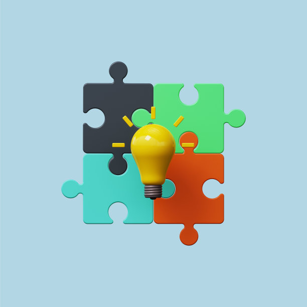 黄色灯泡与拼图碎片的想法和业务解决方案图标3D渲染图片下载