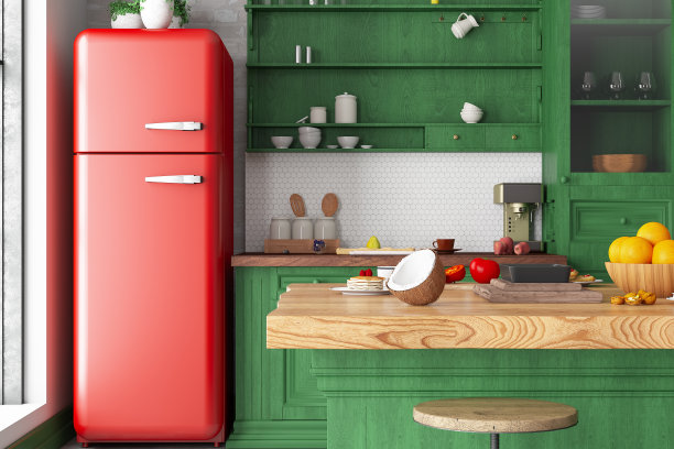 复古绿色厨房设计配红色冰箱图片下载