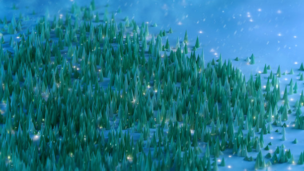 夜晚空灵的森林，萤火虫的灯光和飘落的雪花图片下载