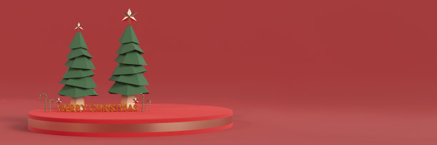 新年快乐，圣诞红色背景，圣诞树，装饰糖果拐杖，圣诞装饰，礼品盒，装饰场景，几何多边形，产品展示，庆祝节日，3d渲染，横幅标题全景图片下载