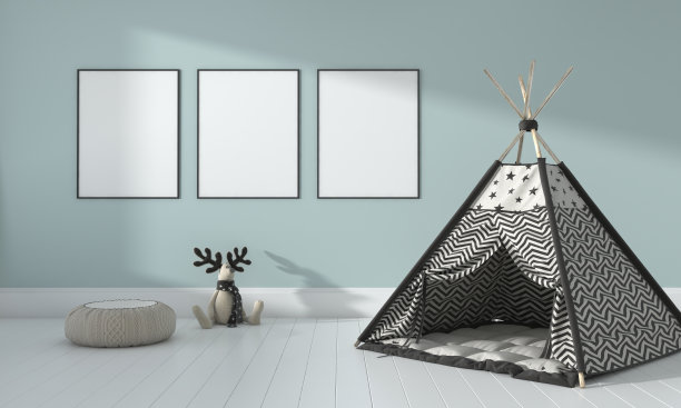 现代儿童卧室的内部3D渲染与帐篷和空框架图片下载