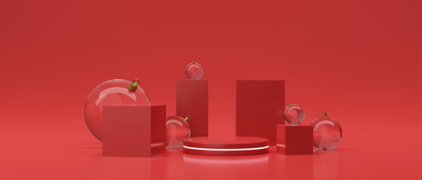 产品摊位周围有圣诞球。三维渲染图片下载