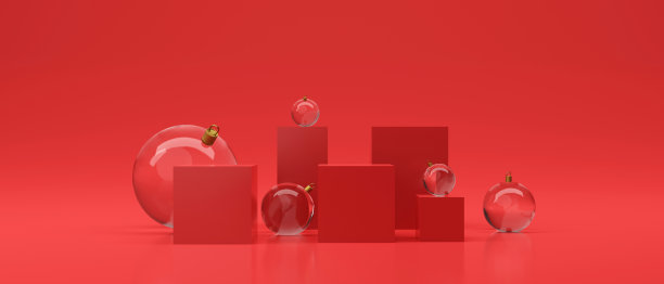 产品摊位周围有圣诞球。三维渲染图片下载