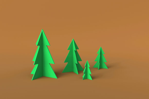 棕色背景上的绿色最小低聚圣诞树。三维渲染图片下载