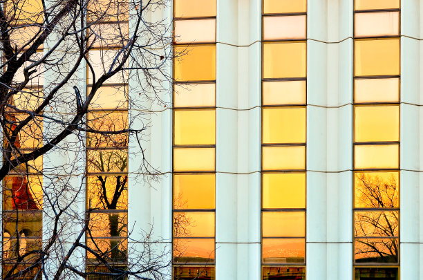黄色的外观。夕阳倒映在建筑的玻璃立面上图片下载