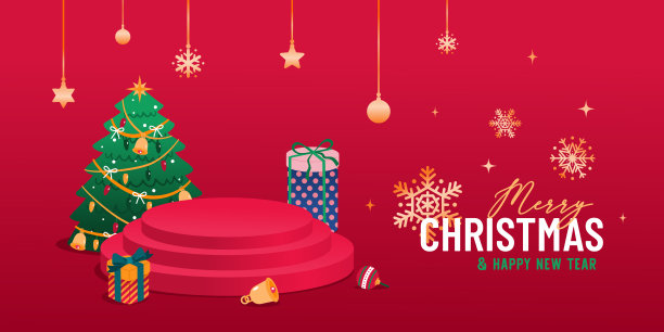 圣诞快乐和新年快乐横幅产品展示平台，圣诞树和礼物装饰，矢量图片下载