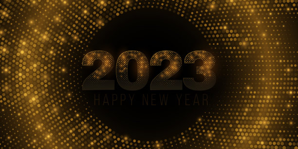 2023年的未来旗帜。金色闪烁的数字与发光的半色调模式。你的项目的节日封面。贺卡。矢量图图片下载