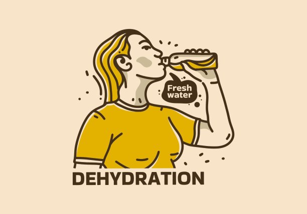 女人喝瓶装水的复古艺术插画图片下载