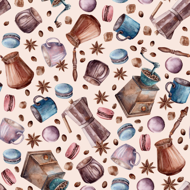 咖啡。桃子水彩。模式。剪贴画插图。设计的菜单，烹饪博客，包装，纺织品，网页设计，网站，贴纸，邀请，图案，标志。手工绘制。图片下载