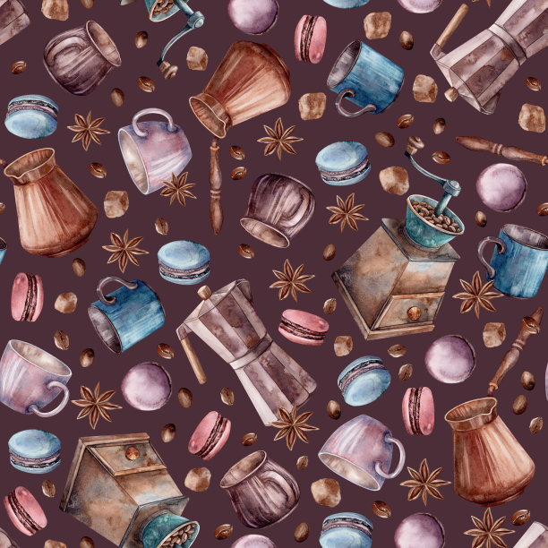 杯子，马卡龙布朗。水彩。模式。剪贴画插图。设计的菜单，烹饪博客，包装，纺织品，网页设计，网站，贴纸，邀请，图案，标志。手工绘制。图片下载