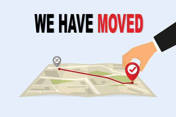 我们搬家了，换了地址。我们有移动的概念。地址，移动，改变，地点，公告，商业，家庭地图。我们已经移动了新的办公图标位置。矢量图图片下载