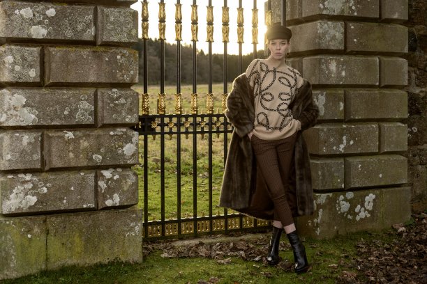 优雅的女模特穿着时髦的冬装在大门口摆姿势图片下载