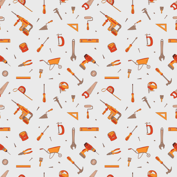 无缝模式与建筑元素。平面手绘矢量插图。施工工具。图片下载
