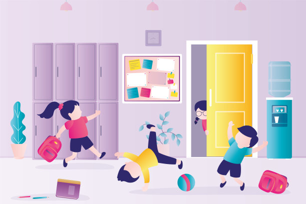 小学课间时间，孩子们在学校走廊上玩积极的游戏——跑、跳。可爱有趣的小学生。同学们一起玩。学校内部有家具。图片下载