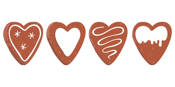 一组矢量插图姜饼饼干与糖衣。心的形状。给情侣的糖果。孤立在白色背景中图片下载