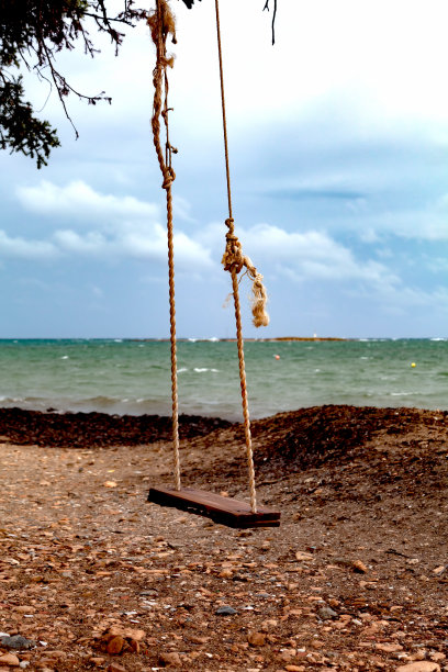 孩子们在海边荡秋千。图片下载