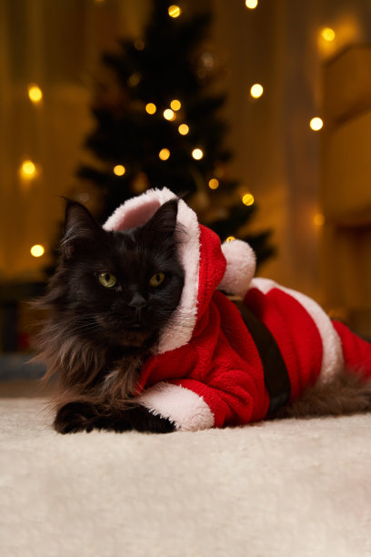 黑色的缅因猫穿着圣诞老人的服装躺在地板上，背景是圣诞树。图片下载