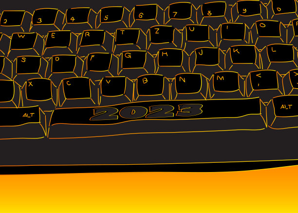 数字2023的电脑键盘。电子计算机设备部件的特写，键盘。图片下载