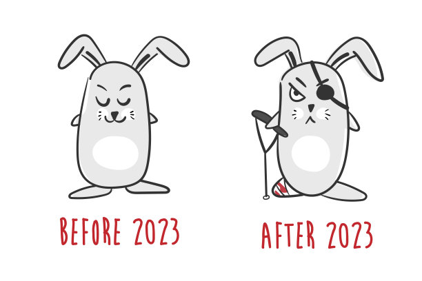 卡通兔子。可爱的瘸腿兔子。2023年的象征。Meme图片下载
