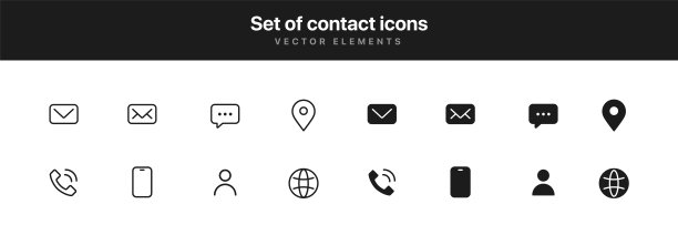 设置联系人图标简单的线路样式通信图标。消息聊天消息聊天电话聊天地点互联网人邮件收件箱图标符号标志用户界面用户体验网站移动应用程序。图片下载