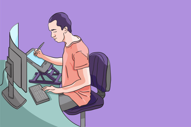 设计师在他的工作场所做艺术作品，使用钢笔平板电脑和电脑创建艺术作品，数字艺术家，绘图员，视频编辑器，平面设计师，贡献者的内容，平面矢量插图。图片下载