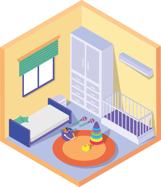 幼儿卧室概念，托儿所或婴儿房矢量色等距图标设计，紧凑的生活空间符号，室内装饰标志，低聚家庭办公室库存插图图片下载
