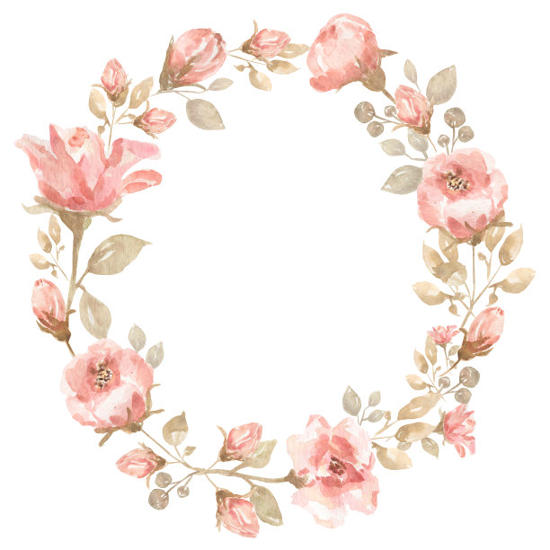 水彩珊瑚花环剪纸，粉红色牡丹插花插图，精致的桃子框架，波西米亚婚礼花束，婴儿淋浴图片下载