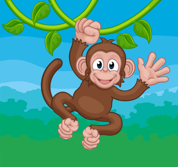 猴子在丛林藤蔓上唱歌，挥舞卡通图片下载
