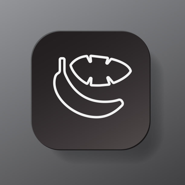 黑色方形按钮与香蕉图标，白色轮廓香蕉在黑色盘子。平面符号符号矢量插图孤立在灰色背景。健康的营养理念。图片下载