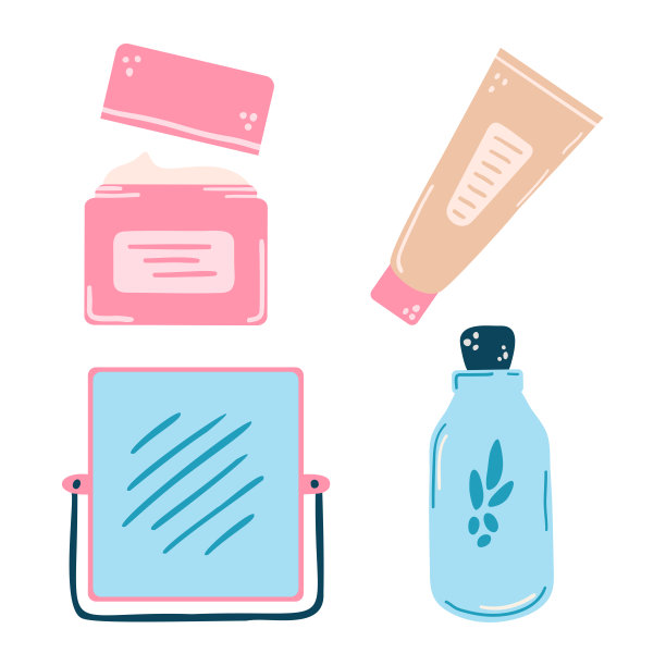 一套手绘面部护理产品隔离在白色背景。涂鸦，简单的平面插画。可用于纺织、纸张等表面的装饰。图片下载