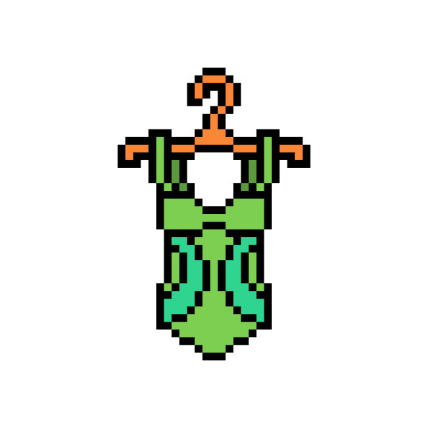 像素艺术符号的绿色一件运动泳衣在衣架上孤立的白色背景。女子游泳服装的图标。老派复古复古90年代，80年代8位老虎机，视频游戏图形。图片下载