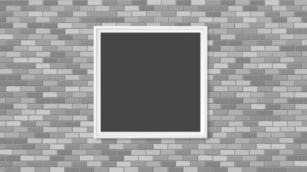 墙上的画框。相框模型。简单的空框架为您的业务设计。砖墙。矢量模板的图片，绘画，海报，字母或照片画廊。图片下载