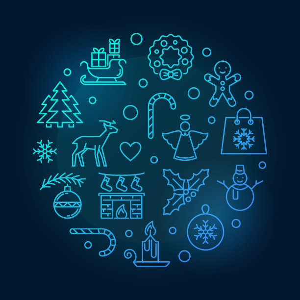 圣诞快乐蓝色矢量圆线插画图片下载