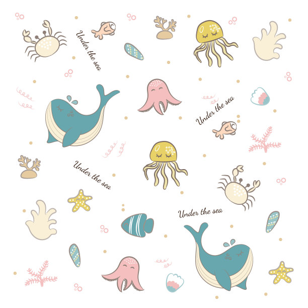 海底可爱的鲸鱼水母海植物卡通风格的白色背景图片下载