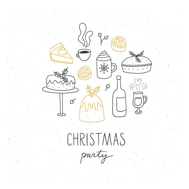 圣诞食物剪贴画。可爱的圣诞涂鸦配上布丁，蛋糕，甜点，热酒图片下载