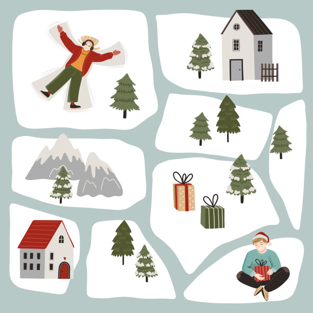 手绘冬季地图创作者与房屋，松树，庆祝人和户外元素。平面圣诞插图海报，贺卡，印刷图片下载