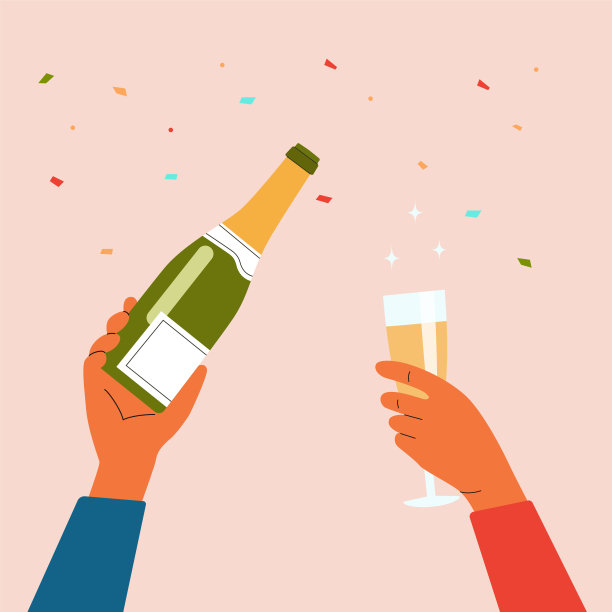 男性手里拿着一瓶香槟。女性手捧香槟杯。图片下载