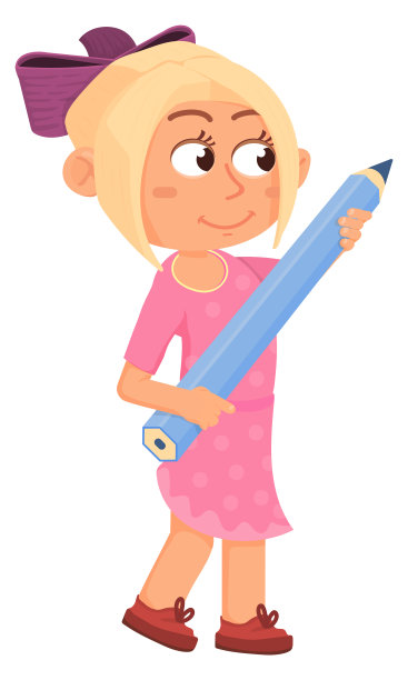 可爱的女孩拿着大铅笔。有创意的儿童角色图片下载