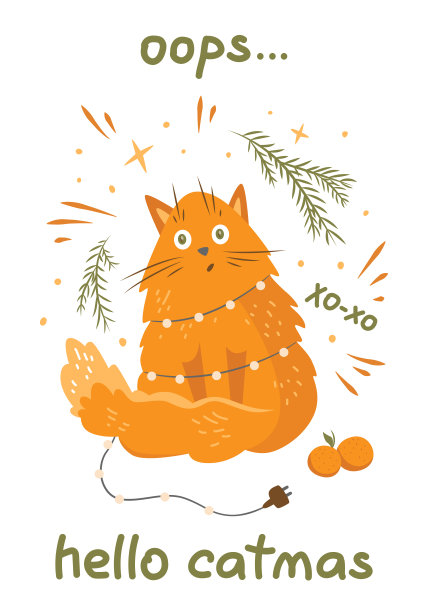 你好catmas。有趣的圣诞和新年贺卡。一只姜黄色的猫被圣诞树上的花环缠住图片下载