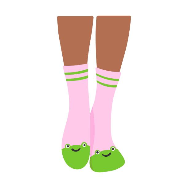 一对女性的腿在滑稽的卡通袜子矢量插图。涂鸦女孩穿着时髦的长袜或内衣的脚图片下载