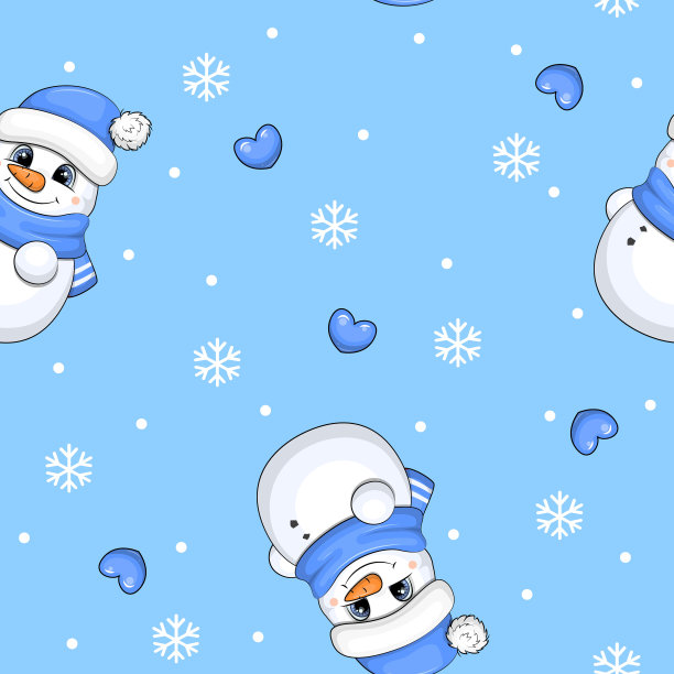 无缝模式与雪人，雪花，心和白点。图片下载