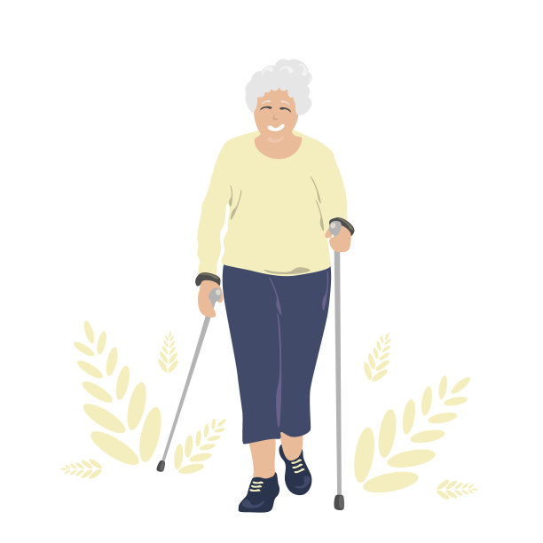 做着北欧式散步的老妇人，头发花白的老人穿着运动服拿着棍子做运动。有用的活动娱乐，平面矢量插图在白色背景。图片下载