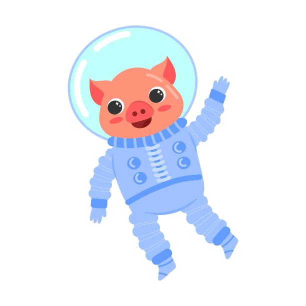 小猪挥舞着他的手，一个穿着防护服和宇航服的宇航员。卡通矢量插图孤立的图片下载